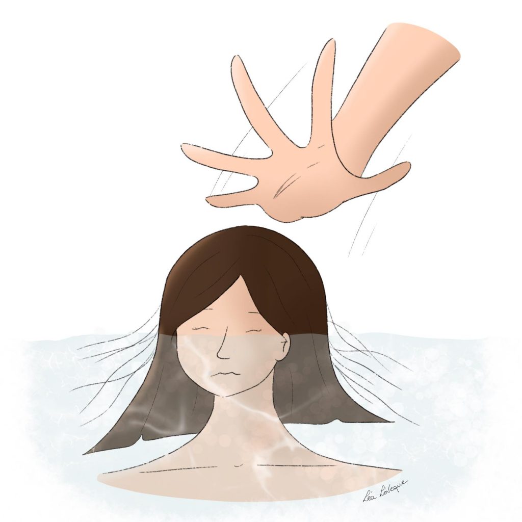 Une main appuie sur la tête pour faire couler la personne représentée.